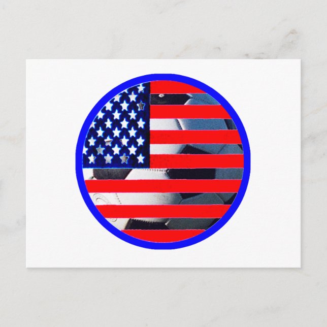 Cartão Postal Soccer Ball & USA Flag2 MUSEUM Zazzle Blue-C (Frente)