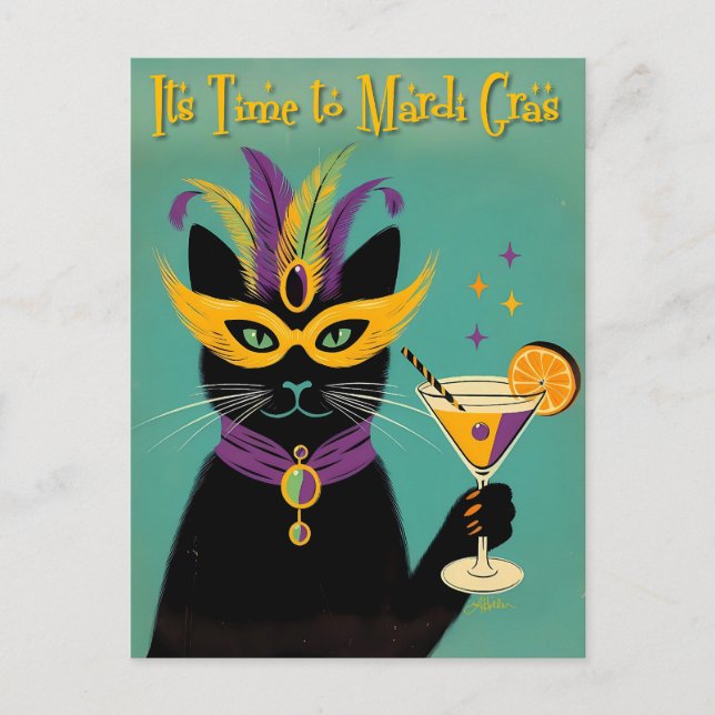 Cartão Postal Sofisticados Retro É Hora do Martini de Mardi Gras (Frente)