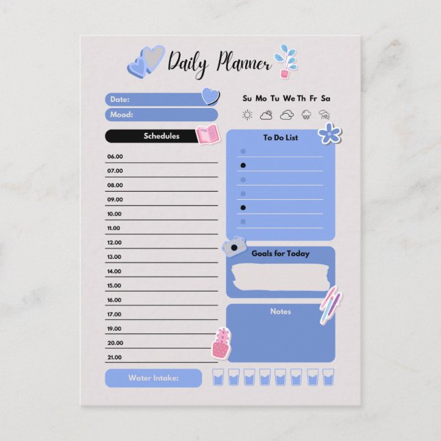Cartão Postal Soft Blue Daily Planner with Mood & Water Track (Frente)