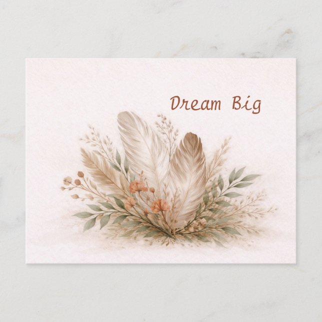 Cartão Postal Soft Neutral Boho Feather Botanical Watercolor  (Frente)