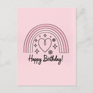 Cartão Postal Soft pink minimalist heart with rainbow birthday