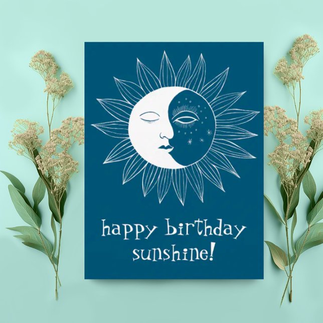 Cartão Postal Sol alegre & lua FELIZ ANIVERSÁRIO CUSTOMIZADO (Sweet happy birthday boho postcard with sun and moon illustration. Add custom text)