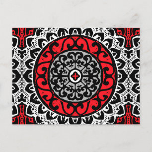 Cartão Postal Sol do Sudoeste Mandala Batik, Vermelho, Preto e B