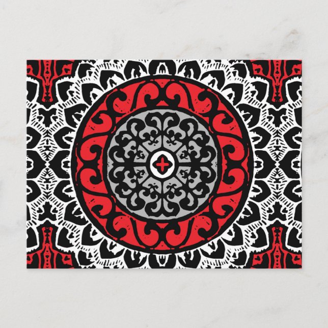Cartão Postal Sol do Sudoeste Mandala Batik, Vermelho, Preto e B (Frente)