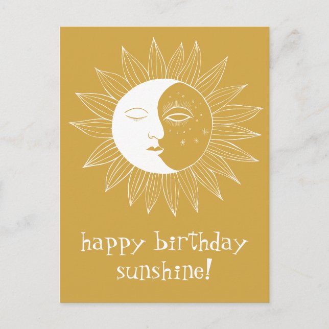 Cartão Postal Sol e Lua Alegre ANIVERSÁRIO PERSONALIZADO Dourado (Frente)