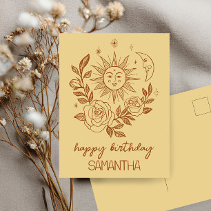 Cartão Postal Sol Lua & Rosas Boho Mágico ANIVERSÁRIO COM NOME P