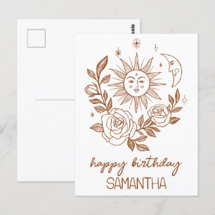 Cartão Postal Sol Lua & Rosas Boho Mágico ANIVERSÁRIO NOME PERSO