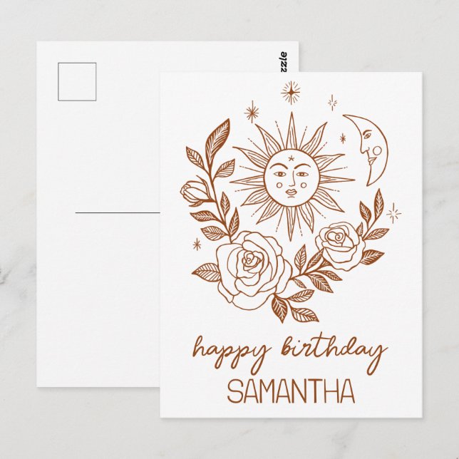 Cartão Postal Sol Lua & Rosas Boho Mágico ANIVERSÁRIO NOME PERSO (Frente/Verso)
