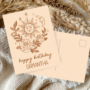 Cartão Postal Sol Lua & Rosas Boho Mágico ANIVERSÁRIO NOME PERSO