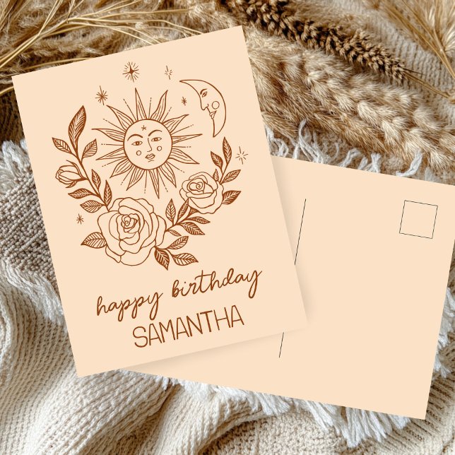 Cartão Postal Sol Lua & Rosas Boho Mágico ANIVERSÁRIO NOME PERSO (Sun Moon & Roses Boho Magical CUSTOM NAME BIRTHDAY Postcard
)