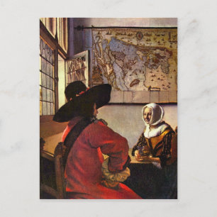 Cartão Postal Soldado e garota sorrindo por Johannes Vermeer