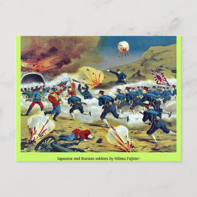 Cartão Postal Soldados japoneses e russos por Hibino, Fujitarō (Frente)