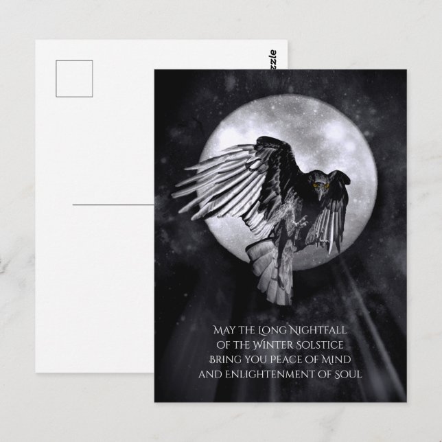 Cartão Postal Solstício de inverno Raven ou Crow e Moon Yule (Frente/Verso)