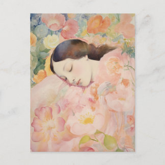 Cartão Postal Sonhando em Flor - Mulher Adormecida em Aquarela
