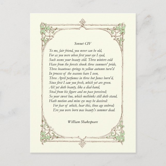 Cartão Postal Sonnet nº 104 por William Shakespeare (Frente)
