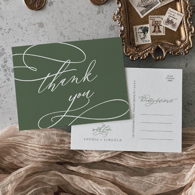 Cartão Postal SOPHIA Woodland Olive Green Casamento Obrigado (SOPHIA Woodland Olive Green Wedding Thank You Postcard)
