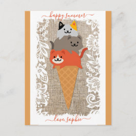 Cartão Postal Sorvete de Gato Bonito Cone Feliz Verão