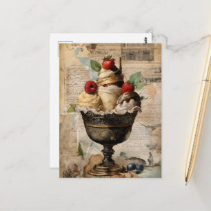 Cartão Postal Sorvete Sundae e Colagem Vintage de Frutas