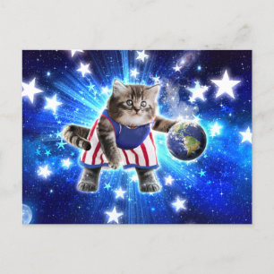 Cartão Postal Space cat jogando basquetebol