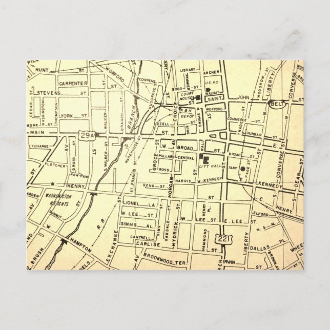 Cartão Postal Spartanburg, SC Vintage Map (Frente)