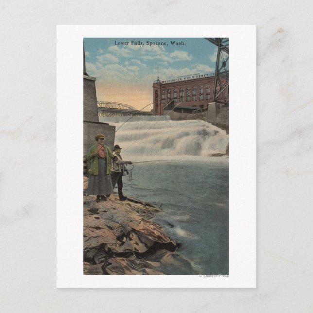 Cartão Postal Spokane, WA - Pesca de Casais em Queda Inferior (Frente)