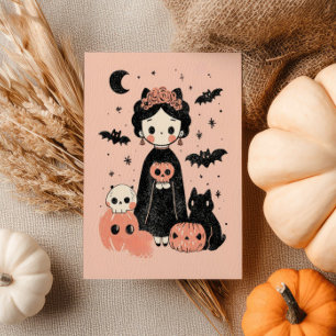 Cartão Postal Spooky Cute Frida Kahlo Retro Pink Halloween