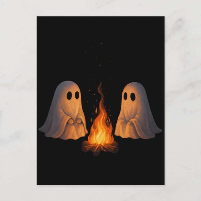 Cartão Postal Spooky Ghost Campfire Night Forest Art - Halloween (Frente)