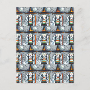 CARTÃO POSTAL SPOOKY HALLOWEEN WITCH, VESTINDO JOIAS DE GATO NEG