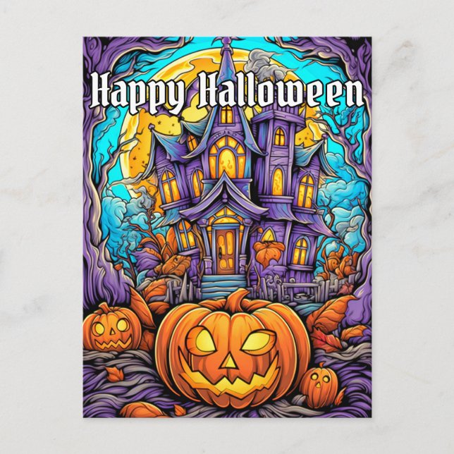 Cartão Postal Spooky Haunted House | Feliz Dia das Bruxas (Frente)