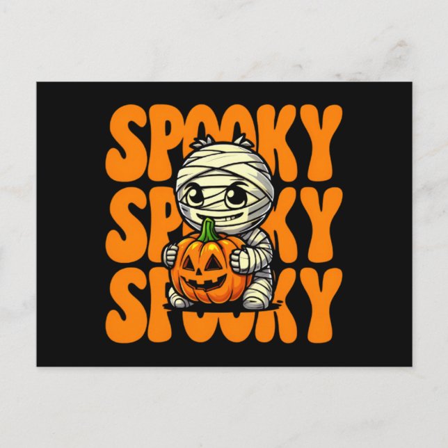Cartão Postal Spooky Mummy Hugging Pumpkin Halloween (Frente)