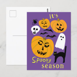 Cartão Postal Spooky Season Pumpkins Ghost Bat HELLOWEEN