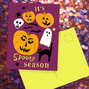 Cartão Postal Spooky Season Pumpkins Ghost Bat HELLOWEEN