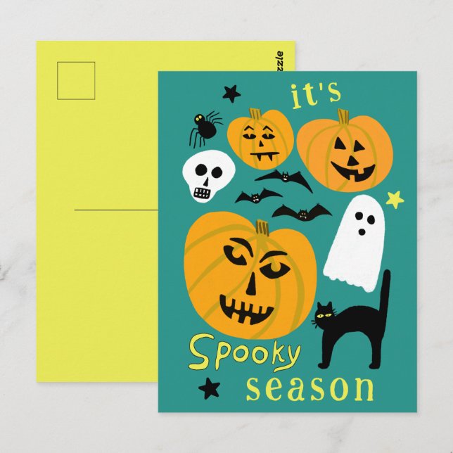 Cartão Postal Spooky Season Pumpkins Ghost Bat HELLOWEEN (Frente/Verso)