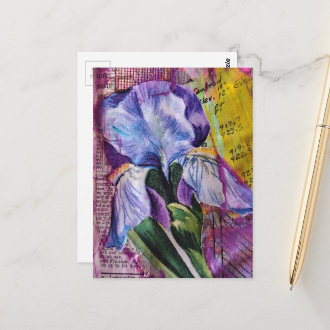 Cartão Postal Spring Iris Flower mixed media collage Postcard (Frente/Verso In Situ)