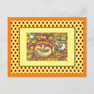 CARTÃO POSTAL SQUIRREL DORMINDO SOB FOLHAS DO OUTONO, SAZONAL