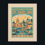 Cartão Postal ST PAUL MN Capital City Retro Travel<br><div class="desc">ST PAUL MN Capital City Retro Travel Postcard Art – Colorful 1930s Style Minnesota Travel Souvenir, Vibrant Graphic Design, Retro Inspired POD Print Description: Celebrate the charm of St. Paul, Minnesota with this vibrant retro-inspired travel postcard design! Styled after the bold, colorful travel art of the 1930s, this artistic rendering...</div>