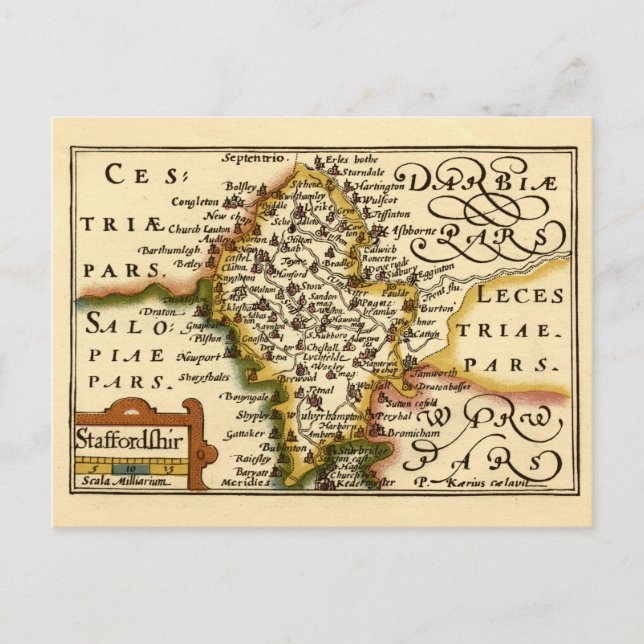Cartão Postal Staffordshire County England Antigo Mapa Antiquári (Frente)