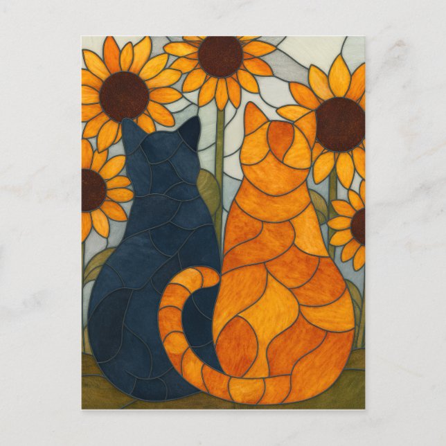 Cartão Postal Stained Glass Cats and Sunflowers Art Design (Frente)