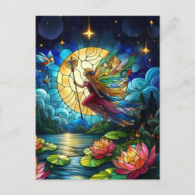 Cartão Postal Stained Glass Moonlight Flight Fairy  (Frente)