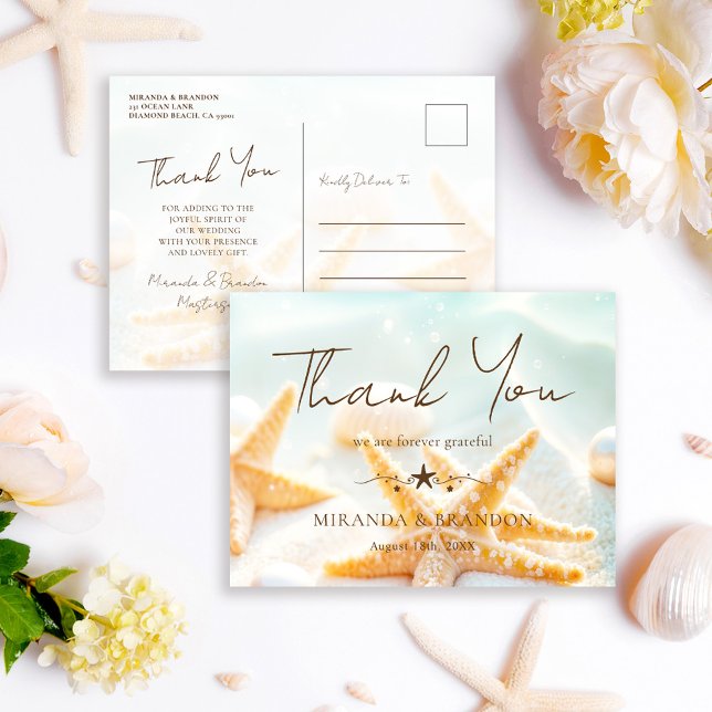 Cartão Postal Starfish Shells Ocean Beach Wedding Thank You (Criador carregado)
