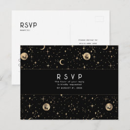 Cartão Postal Starry Night Black e Dourada RSVP de Casamento