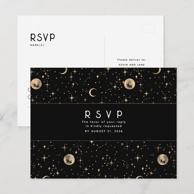 Cartão Postal Starry Night Black e Dourada RSVP de Casamento (Frente/Verso)