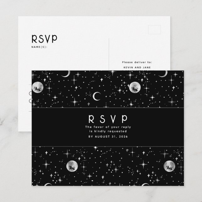 Cartão Postal Starry Night Black e Silver Weding RSVP (Frente/Verso)