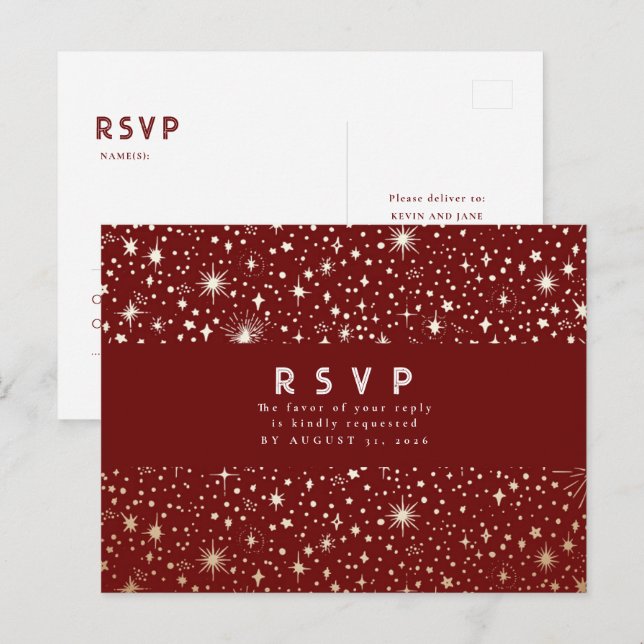 Cartão Postal Starry Night Burgundy Red e RSVP de Casamento Dour (Frente/Verso)