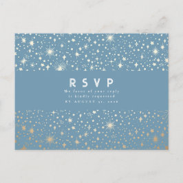 Cartão Postal Starry Night Dusty Blue e RSVP de Casamento Dourad