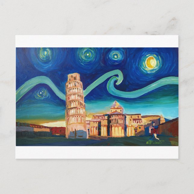 Cartão Postal Starry Night em Pisa com a Torre Inclinada (Frente)