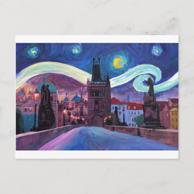 Cartão Postal Starry Night em Praga com Carlsbridge (Frente)
