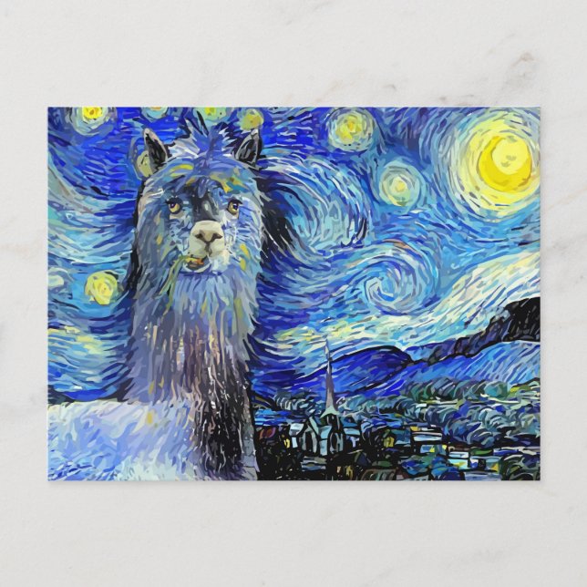Cartão Postal Starry Night Funny Alpaca Landscape Parody (Frente)