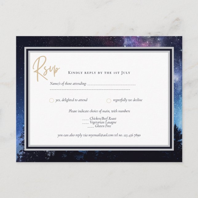Cartão Postal Starry Night Galaxy Casamento RSVP Marinho Dourado (Frente)