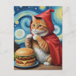 Cartão Postal Starry Night Ginger Cat com Cheeseburger